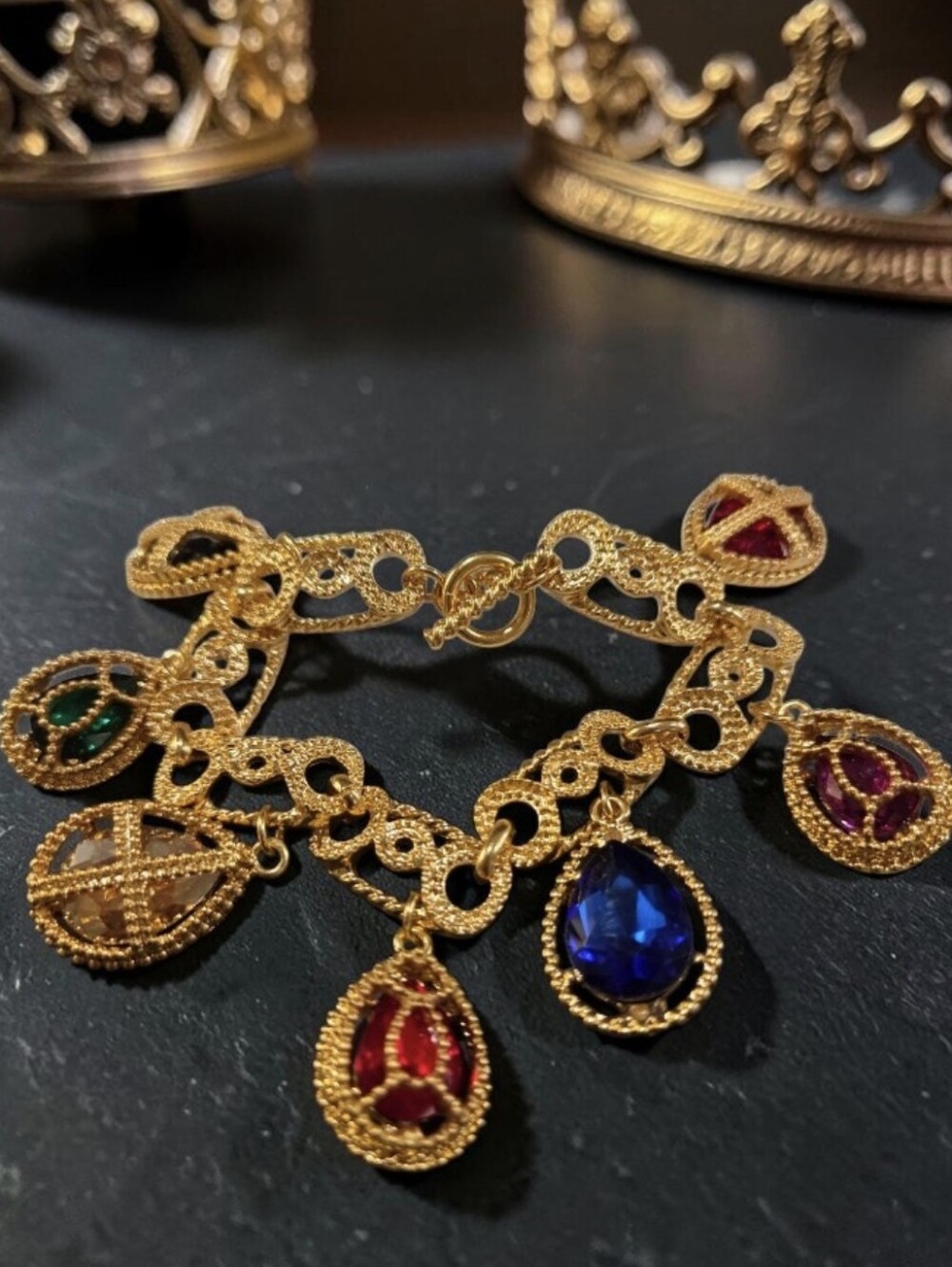 Byzantine Vibes Chunky Gold Russian Egg Caged Crystal Charm Toggle Bracelet